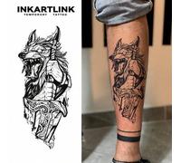 Shein Tatuaje temporal INKARTLINK Wolf King, pegatina impermeable de bestia feroz que dura 1-2 semanas, resistente a la decoloración, estilo europeo oscuro,