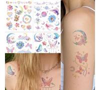 Shein Tatuajes temporales de colores degradados con brillo, diseños soñadores de mariposa, estrella, luna, floral, oso de peluche y corazón de estilo Y2K, p