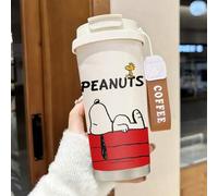 Shein Taza de café aislada con estampado de la caseta de Snoopy Peanuts, con correa para la muñeca, de acero inoxidable, con tapa, diseño de doble bebida y