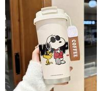 Shein Taza de café aislada con estilo de gafas de moda de Snoopy y Woodstock de Peanuts, de acero inoxidable, con tapa y diseño de doble bebida, con correa