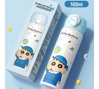 Shein Termo doble para bebidas Crayon Shin-chan de 500 ml, estampado de Shin-chan estilo campus, acero inoxidable SUS316, tapa con pajita o sorbo directo, a