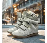 Shein The 2026 new wedge sports shoes feature a combination of beige suede and leather, with a retro high top design and convenient closure! 5cm hidden wed