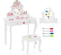 Shein Tocador 2 en 1 con taburete, tocador infantil con espejo giratorio y extraíble, escritorio estable con 3 cajones y protección antivuelco, para niños a