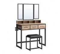 Shein tocador con Espejo Plegable de 3 Piezas, Soporte para secador de Pelo, Mesa cosmética con Taburete Acolchado, 3 cajones, diseño Industrial, Marrón Cam