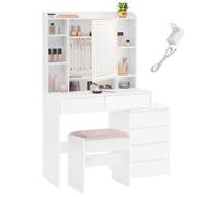 Shein Tocador con Luces LED de Brillo Ajustable, Mesa de Maquillaje con Espejo, Compartimentos Abiertos, Taburete, Estantes Ajustable, Estación de Maquillaj