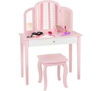 Shein Tocador/Escritorio Infantil 2 en 1, Tocador y Silla, Mesa de Cosmético con Triple Espejo Extraíble y Cajón, Taburete Acolchado, Madera, Estilo Rústico