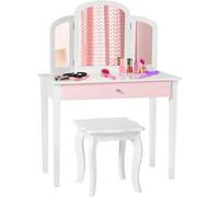 Shein Tocador/Escritorio Infantil 2 en 1, Tocador y Silla, Mesa de Cosmético con Triple Espejo y Cajón Extraíbles, Taburete Acolchado, Madera, Estilo Rústic