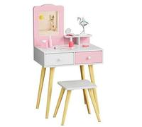 Shein Tocador infantil de madera con espejo extraíble, 2 cajones, escritorio con taburete, estilo princesa, para niñas a partir de 3 años, 60x40x108 cm, bla