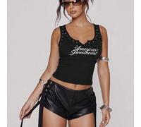 Shein Top ajustado con cuello en pico, estampado gráfico con tachuelas "America's Sweetheart", para primavera y verano, festival, sexy, vacaciones en Ibiza,