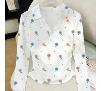 Shein Top ajustado de manga larga y cuello alto con estampado floral colorido, camiseta de moda, adecuado como regalo para hermanos, adecuado como regalo pa