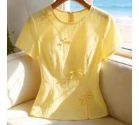 Shein Top amarillo con nudo chino para mujer talla grande, top de manga corta de mezcla de lino estilo nuevo, camisa casual de verano con botones de rana as