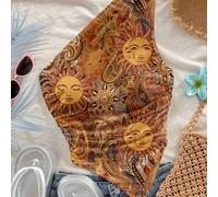 Shein Top asimétrico de un hombro con patrón de sol vintage boho dorado y estampado de paisley, estilo de vacaciones, apto para el verano