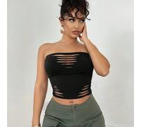 Shein Top bandeau gris ajustado con cortes y estilo desgastado para uso diario, ropa de calle, conciertos, festivales y música, un top sexy para mujer.