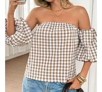 Shein Top básico de verano para mujer, estilo francés casual, a cuadros, de un solo hombro, con manga de pétalo, ajuste ceñido, para uso diario