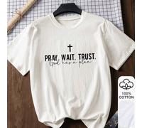 Shein Top casual de manga corta 100% algodón con estampado 'Pray, Wait, Trust' para mujer, camiseta gráfica, tela suave, prenda de algodón, patrón estampado