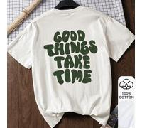Shein Top casual de moda de manga corta con eslogan gráfico "Good Things Take Time" 100% algodón para mujer, camiseta gráfica, tela suave, algodón, uso al a