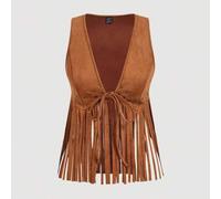 Shein Top con flecos de ante marrón vintage de los 70 con detalles metálicos, perfecto para vacaciones de mujeres, estilo campestre, escapadas a la playa, c