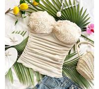 Shein Top corto bandeau con pliegues y rosa 3D para mujer, top tubo liso, color crema, para el Día de San Valentín, verano, citas, tarde de té, playa, cruce