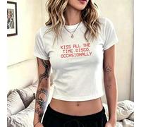 Shein Top corto blanco casual de verano para mujer, estilo Y2K, cuello redondo, manga corta, con gráfico "Always Kissing, Occasionally Partying", camiseta d