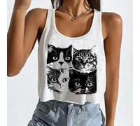 Shein Top corto casual de mujer con escote en U, de talla grande, con estampado de gatos en blanco y negro