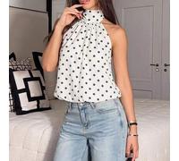 Shein Top corto sexy con cuello halter y espalda descubierta con lunares blancos & negros, adecuado para festivales de música, vacaciones de verano