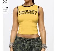 Shein Top corto sin mangas de estilo America's Sweetheart con gráfico Old English y ribete de contraste negro, para verano y festivales