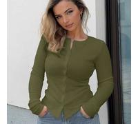 Shein Top de cuello redondo de manga larga con botones y costillas, casual para verano, primavera, vacaciones, aeropuerto, días festivos, otoño, invierno, e