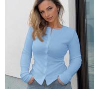 Shein Top de cuello redondo de manga larga con botones y costillas, parte de un armario cápsula casual para vacaciones, uso diario y aeropuerto