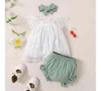 Shein Top De Encaje Con Contraste De Color Y Shorts Con Dobladillo De Volantes Y Diadema Para Bebé Niña