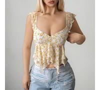 Shein Top de malla con estampado floral hawaiano en amarillo, con silueta tipo "babydoll" y estilo veraniego elegante para salir, ideal para vacaciones en l