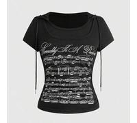 Shein Top de manga corta con capucha 2 en 1 con estampado de notas musicales, estilo retro Y2K Millennium Babe