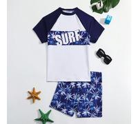 Shein Top De Manga Corta Raglán Para Adolescentes Con Bloques De Color Y Estampado De Letras Y Árbol De Coco, Conjunto De Trajes De Baño De Pantalones Corto