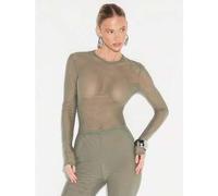 Shein Top de manga larga con cuello redondo de malla verde oliva, body ajustado y transparente, prenda casual de superposición para otoño e invierno