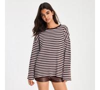 Shein Top de manga larga de punto a rayas marrón y rosa, ajuste relajado, hombros caídos, suave, elástico, ligero, casual, básico para uso diario, estilo mi