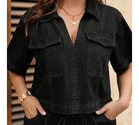 Shein Top de mezclilla negro para mujer, talla grande, camisa holgada de manga corta casual elegante para uso diario en verano, estilo modesto Old Money Y2K