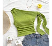 Shein Top de mujer de color amarillo claro con cuello asimétrico, tirantes de lazo y ajuste fluido, adecuado para fiesta, vacaciones, festival de música, es