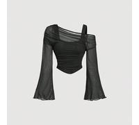 Shein Top de mujer de manga larga tipo trompeta con hombros descubiertos y malla 2 en 1, estilo occidental, vintage, años 70, The Bachelorette