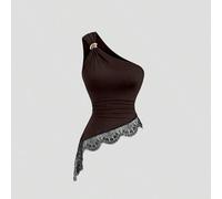 Shein Top de mujer estilo American Hot Girl, minimalista, versátil, diseño único, sexy, con encaje, dobladillo asimétrico, detalle de hebilla metálica, cuel