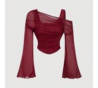 Shein Top de mujer manga trompeta de 2 en 1 con hombros descubiertos de malla color albaricoque, estilo occidental, vintage, 70s, The Bachelorette