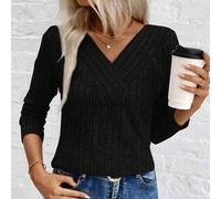 Shein Top de punto acanalado con cuello en V LUNE, nueva camiseta de mujer para comercio electrónico transfronterizo de otoño/invierno