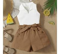 Shein Top De Punto Acanalado Sin Mangas Y Pantalones Cortos Con Cinturón Para Niña Bebé