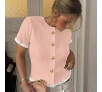 Shein Top de punto amarillo crema con diseño de orejeras de verano para mujer, elegante manga corta casual con Top en punto, adecuado para citas diarias