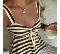 Shein Top de punto con cordón delantero a rayas amarillas y marrones para mujer - Estilo sexy y lindo de "Chica de coco" y bohemio, looks vintage de "Chica