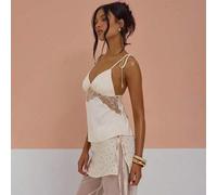 Shein Top de satén con panel de encaje transparente en forma de V debajo del busto y espalda con lazo, sexy y lindo para primavera, verano, vacaciones, sali