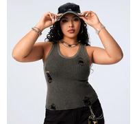 Shein Top De Tanque Tejido, Casual Y Estilo Callejero, Desteñido Lavado Y Rasgado Con Tamaños Grandes