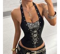 Shein Top de tirantes con cuello halter y cordones, estilo Y2K retro de los milenios, con lentejuelas, ligero y metálico, ropa de calle para mujer, primaver