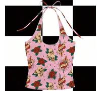 Shein Top de tirantes con estampado de esqueleto y flores, top rosa con estampado de calavera, top con estampado de rosa, top con estampado de tatuaje, top
