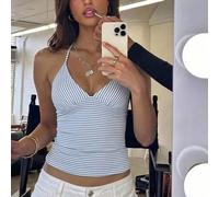 Shein Top de tirantes elegante para mujer con rayas azules, espalda descubierta, estilo Y2K Hot Girl, para vacaciones y festival de música, apto para uso di
