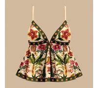 Shein Top de tirantes estilo A con estampado tropical bohemio de flores, frutas y árboles de coco, adecuado para vacaciones, playa, viajes, elegante