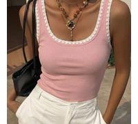 Shein Top de tirantes para mujer de primavera y verano, junio, festival, día de San Juan, rosa, atuendo festivo, negro, con ribete decorativo de contraste,